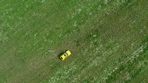 Top view of a yellow retro car parking on the green spring meadow Stock-Footage 237989656