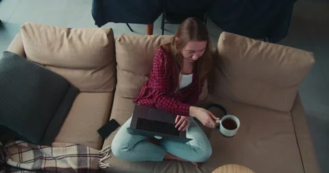 Top view young beautiful focused Caucasian freelance web developer woman using Stock Footage 148893078