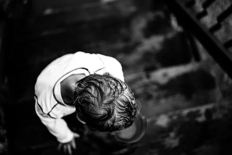 Top view of a young boy with focus on wet hair. Stock Photos