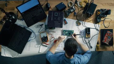 Top View of Young IT Technician Soldering Circuit Board. His Table is Full Fotos de archivo
