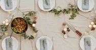 Top View Of Young Multi Ethnic Friends Preparing Table Enjoying Thanksgiving Stock Footage
