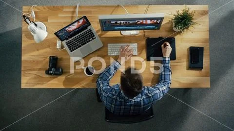 Top View of Young Talented Photographer Working on Digital Drawing Tablet Stock Photos
