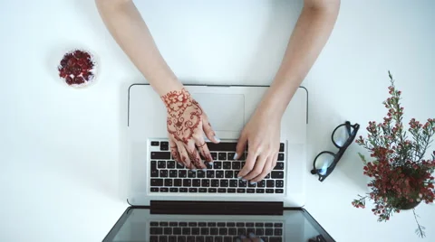 Top view. Young woman using laptop computer Stock Footage 62769306