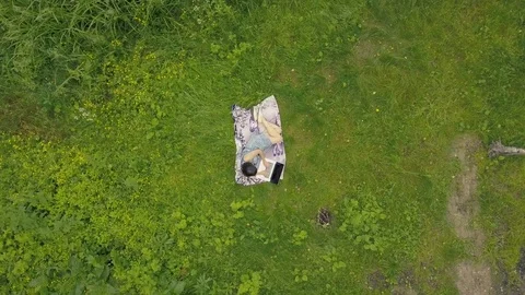 Top view young woman using laptop in nature. Girl with a laptop in park Stock Footage 79583801