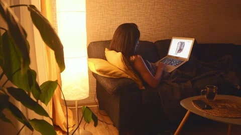 Top view young woman using laptop, type sitting on couch at home, beautiful.. Stock Footage 232801247