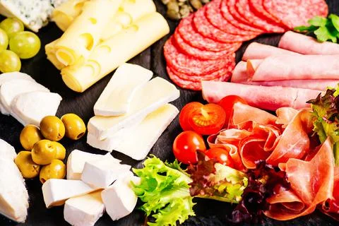 Top view.Antipasto platter cold meat plate with cheese. Stock Photos