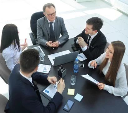 From the top view.business team discussing a problem with a business. 스톡 사진