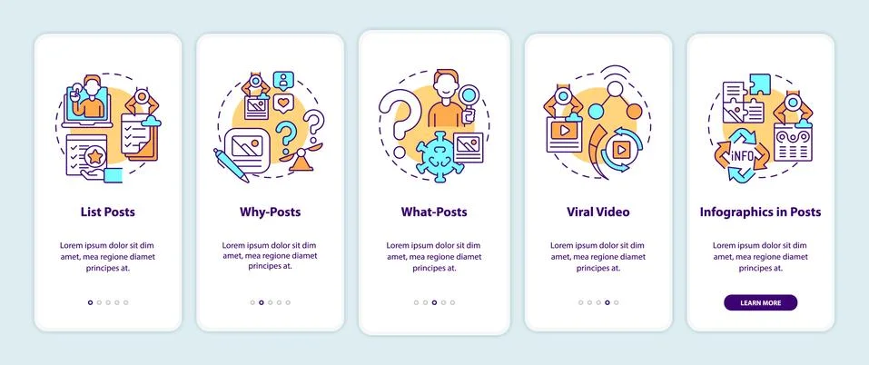 Top viral posts types onboarding mobile app page screen 스톡 일러스트