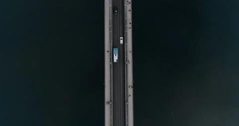 Topdown aerial view of Budapest bridge and traffic during a cloudy day. Stock Footage 237771930