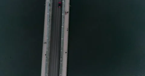 Topdown aerial view of Budapest bridge and traffic during a cloudy day. Stock Footage 237773183