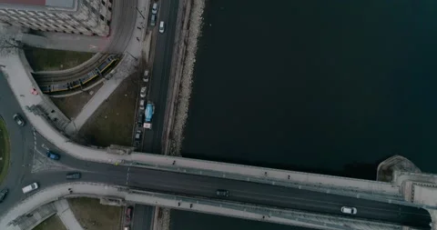 Topdown aerial view of Budapest bridge and traffic during a cloudy day. Stock Footage 237774078