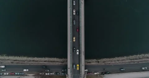 Topdown aerial view of Budapest bridge and traffic during a cloudy day. Stock Footage 237774892