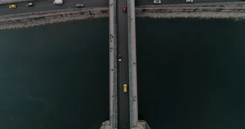 Topdown aerial view of Budapest bridge and traffic during a cloudy day. Stock Footage 237779438