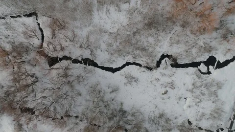 Topdown drone shot of winter river Stock Footage 90743382