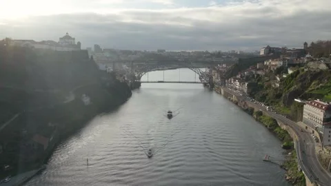 Topdown inspired view of the Douro river and city bridges. Stock Footage 327624738