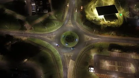 Top‑Down Night Drone View of Roundabout in Glenrothes, Scotland Stock Photos