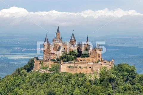 Tophill Hohenzollern Castle and forest overlooking the valley Stock Photos