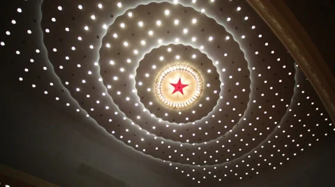 Toplights with red five-pointed star inside the Great Hall of the People Stock Footage 36144188