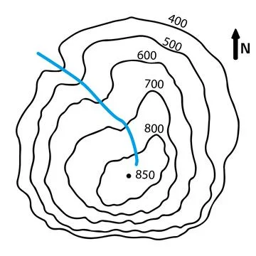 Topographic Contour Map of a Mountain Peak and Stream Stock Illustration
