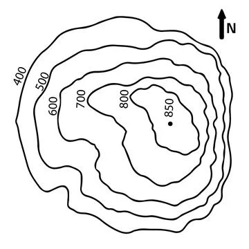 Topographic Contour Map of a Mountain Peak and Stream Stock Illustration