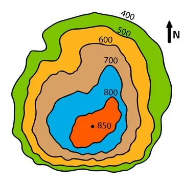Topographic Contour Map of a Mountain Peak and Stream Stock Illustration