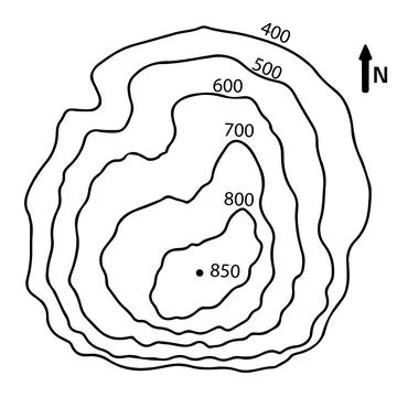 Topographic Contour Map of a Mountain Peak and Stream Stock Illustration