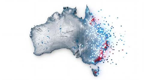 Topographic map of australia with silver metallic texture shattering into d.. Ilustração Stock