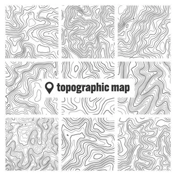 Topographic map with contour lines. Geographic terrain grid, relief height Stock Illustration