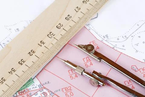 Topographic map of district with  measuring instrument and ruler Stock Photos