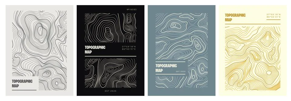 Topographic map posters set. Covers or flyers with contour lines of geographic Stock Illustration