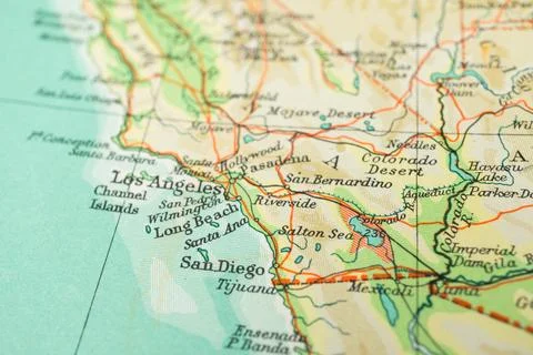 Topographic map shows geographical features of Southern California, with ci.. Stock Photos