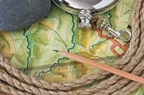 Topographic maps and flask Foto stock
