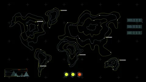 Topographic World Map HUD Tactical Interface with Contour Lines 動画素材 338433654