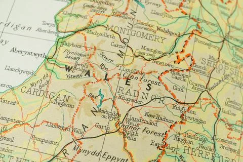Topographical map detailing geographic features of Wales, with contour line.. Stock Photos