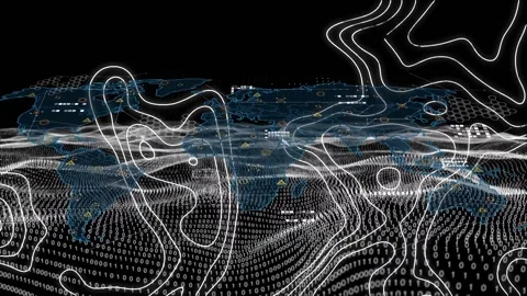 Topography and digital waves over binary coding and world map against black Stock Footage 201498324
