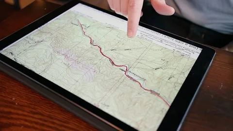 Topography Map Off Road Trip Tablet Planning Travel Tourism Grid Directions Vídeo Stock 130837854