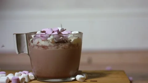 Toppings on hot chocolate with marshmallows Stock Footage 323119850
