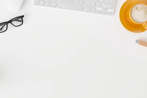 Topview of desktop white desk,working space,working background. Stock Photos