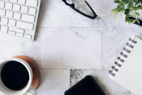 Topview flat lay of working table with office stationary Stock Photos