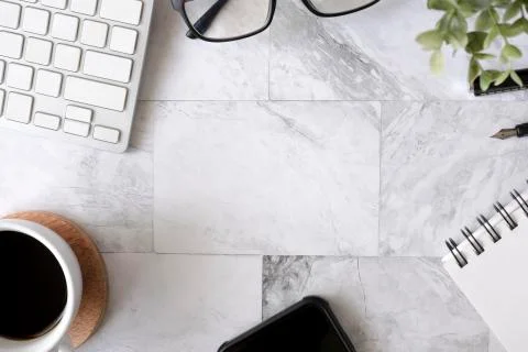 Topview flat lay of working table with office stationary Stock Photos
