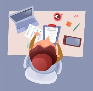 Topview illustration, man working at table in office, looking through document Illustrazione stock