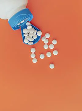 Topview of melatonin tablets flying from the jar. dietary supplement Foto stock