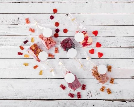 Topview or flat lay packaging or label mockup of delicious sweet gelatine Stock Photos