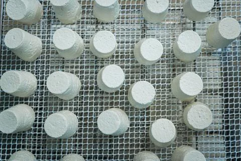 Topw down view of fresh cheese shapes during production inside an empty dairy Stock Photos
