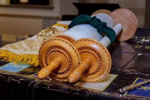 Torah scroll background Hebrew handwritten Torah, on a synagogue Stock Photos