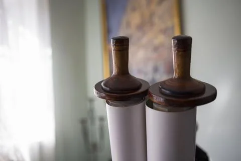 Torah scroll close up view . Stock Photos