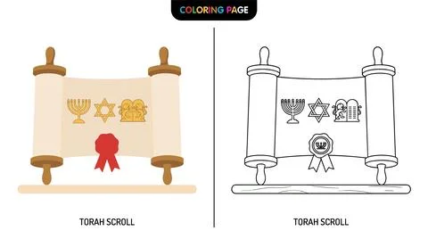 Torah scroll illustration featuring Jewish symbols like menorah, Star of Davi Stock Illustration