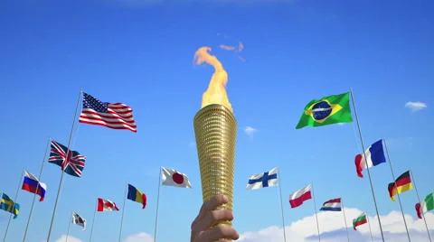 Torch and Flags, 3D redenring Video stock 64900838
