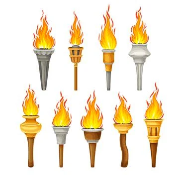 Torch with Brightly Burning Fire on Top as Ignited Light Source Vector Set Stock Illustration