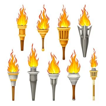 Torch with Brightly Burning Fire on Top as Ignited Light Source Vector Set Ilustração Stock
